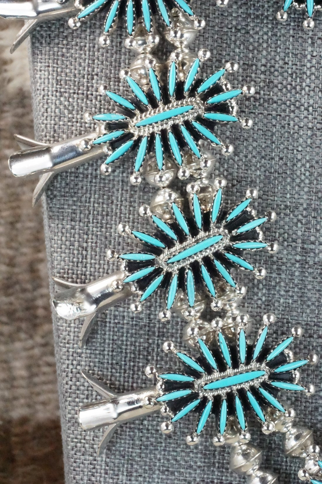 Turquoise & Sterling Silver Squash Blossom Necklace Set - Jack Etsate