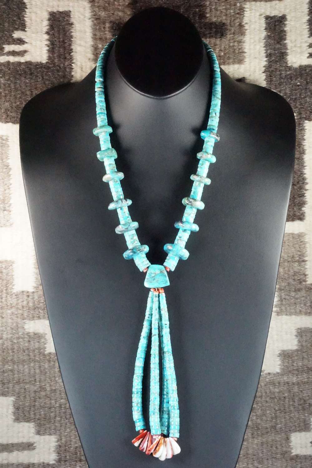 Turquoise, Spiny Oyster & Sterling Silver Necklace - Lupe Lovato