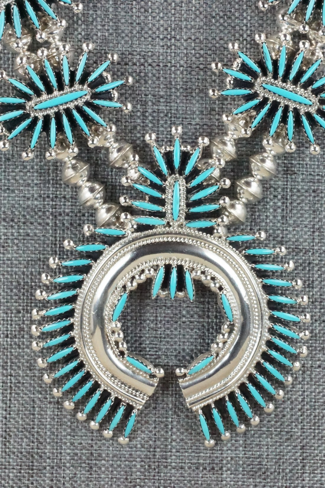 Turquoise & Sterling Silver Squash Blossom Necklace Set - Jack Etsate