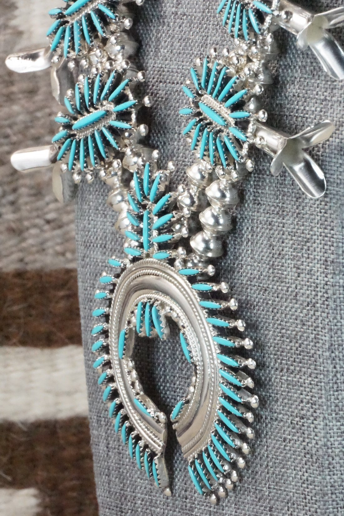 Turquoise & Sterling Silver Squash Blossom Necklace Set - Jack Etsate