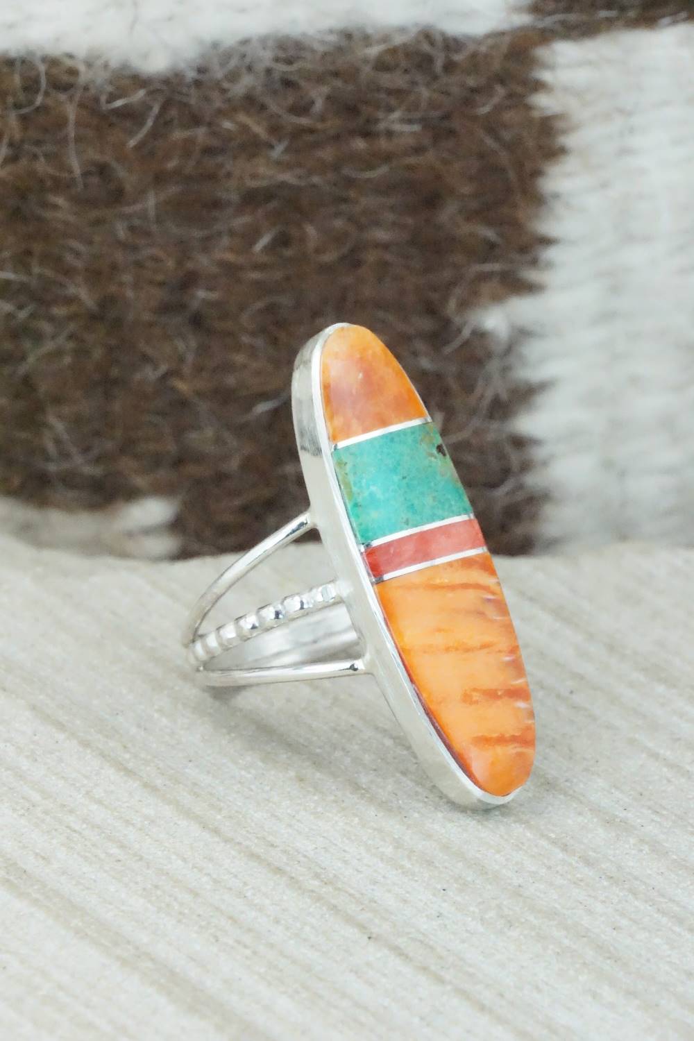 Spiny Oyster, Turquoise & Sterling Silver Ring - Harold Smith - Size 8.5