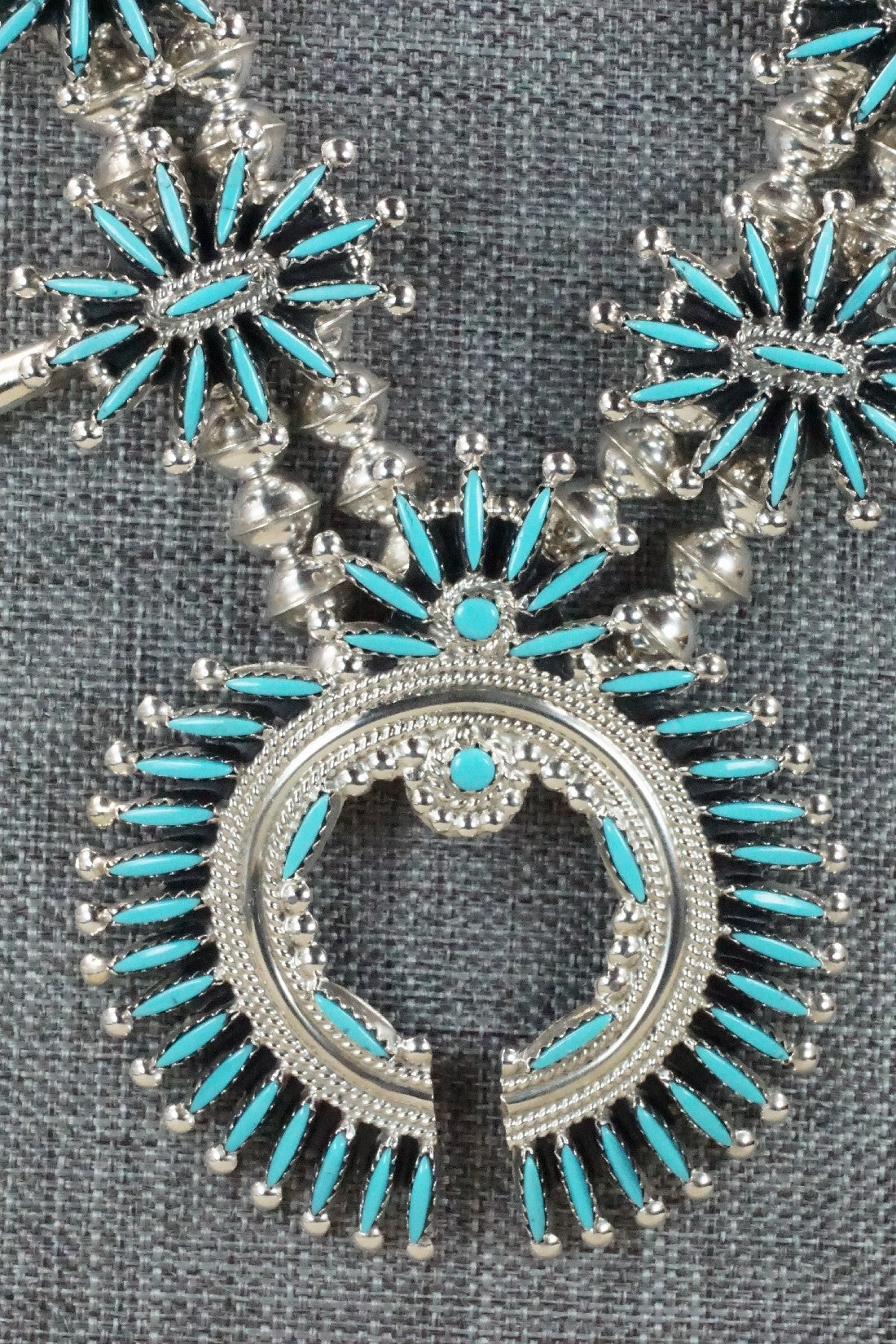 Turquoise & Sterling Silver Squash Blossom Necklace Set - Jack Etsate