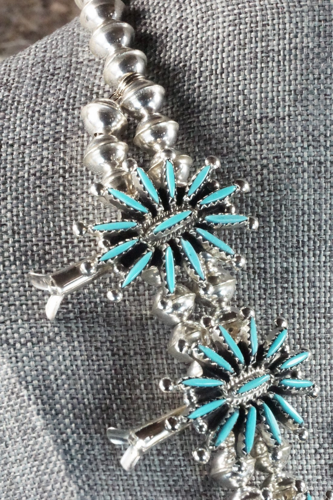 Turquoise & Sterling Silver Squash Blossom Necklace Set - Jack Etsate