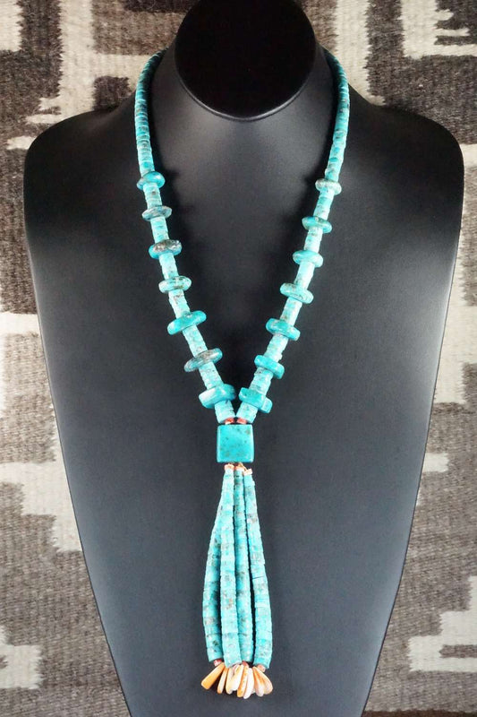 Turquoise, Spiny Oyster & Sterling Silver Necklace - Lupe Lovato