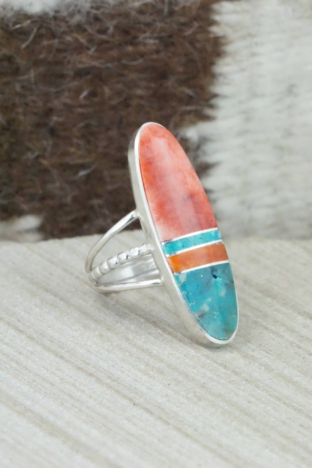 Spiny Oyster, Turquoise & Sterling Silver Ring - Harold Smith - Size 6.5