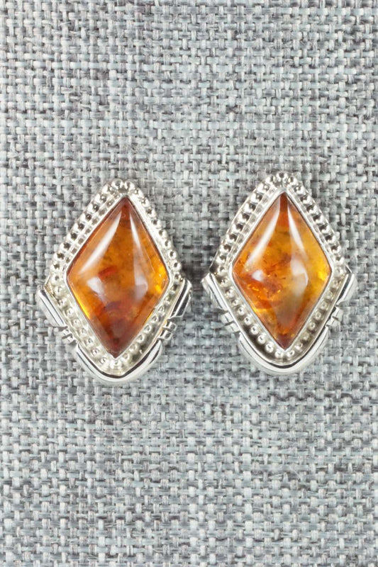 Amber & Sterling Silver Earrings - Navajo