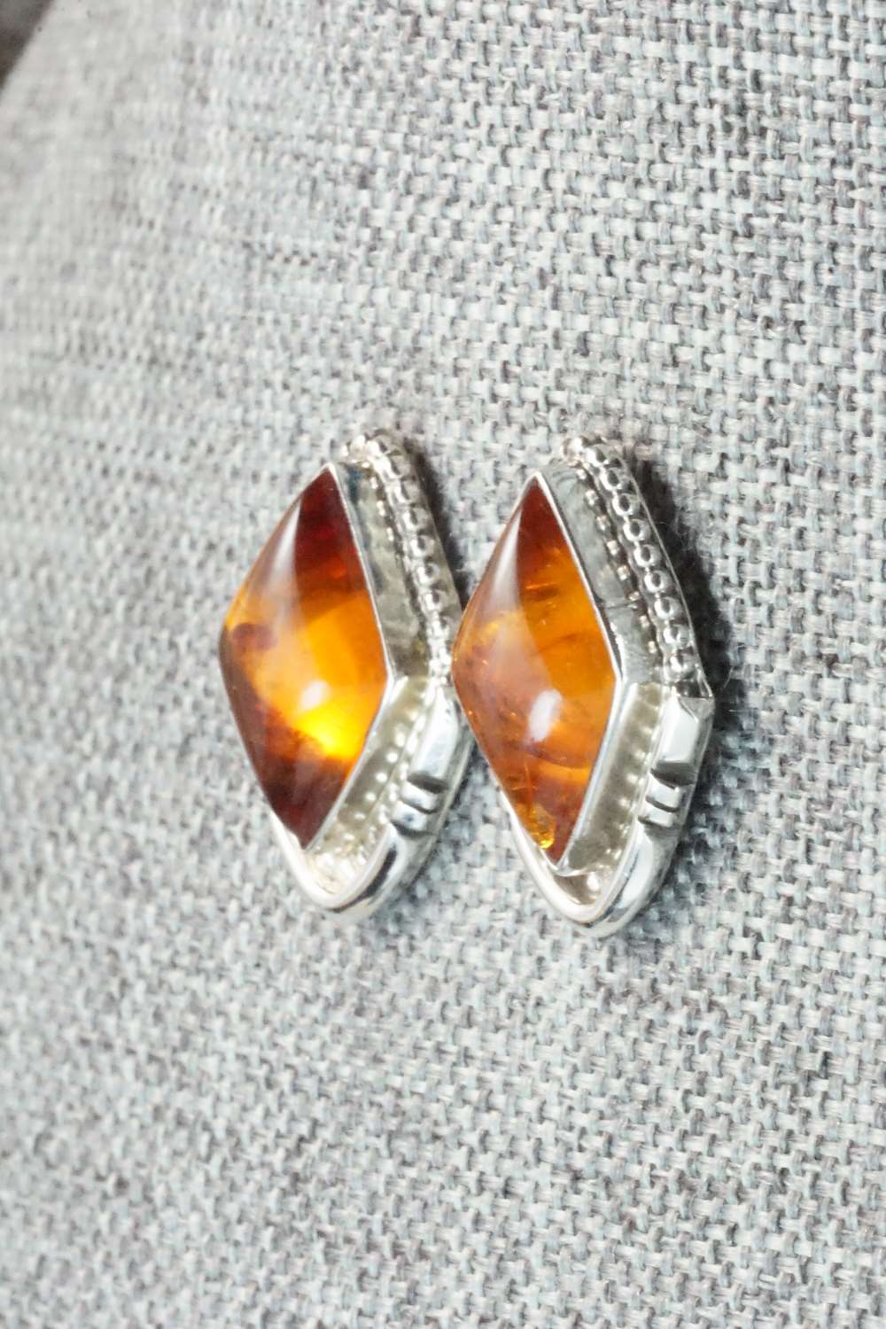 Amber & Sterling Silver Earrings - Navajo