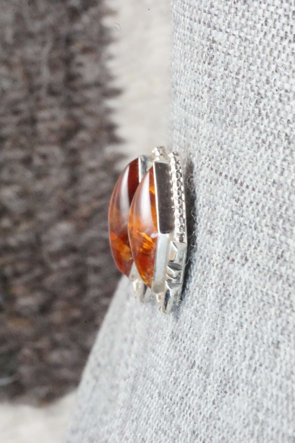 Amber & Sterling Silver Earrings - Navajo