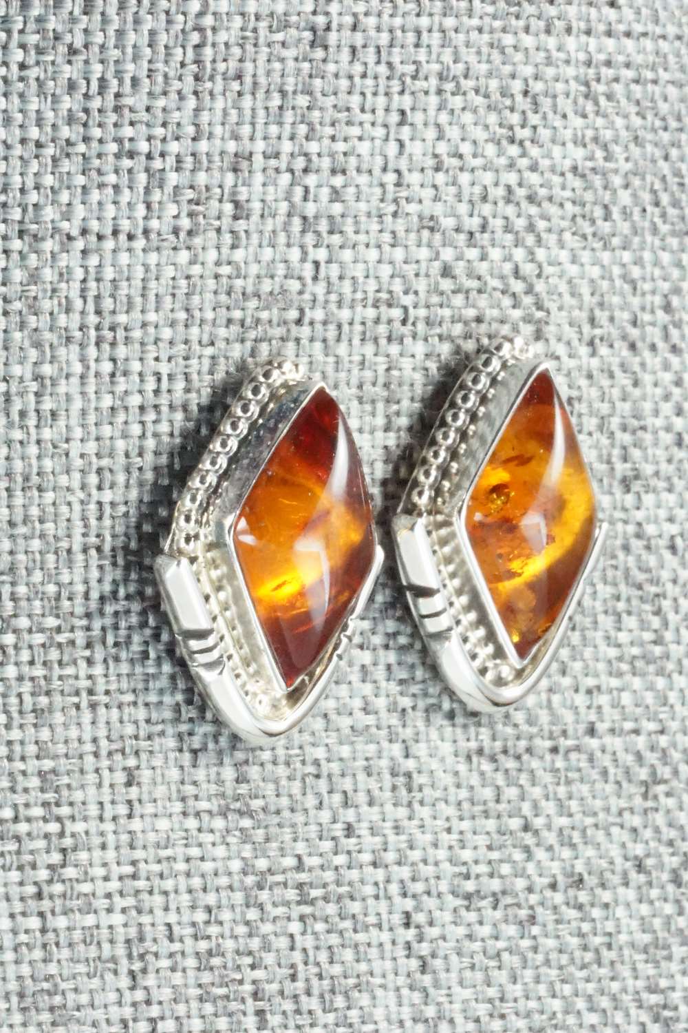 Amber & Sterling Silver Earrings - Navajo