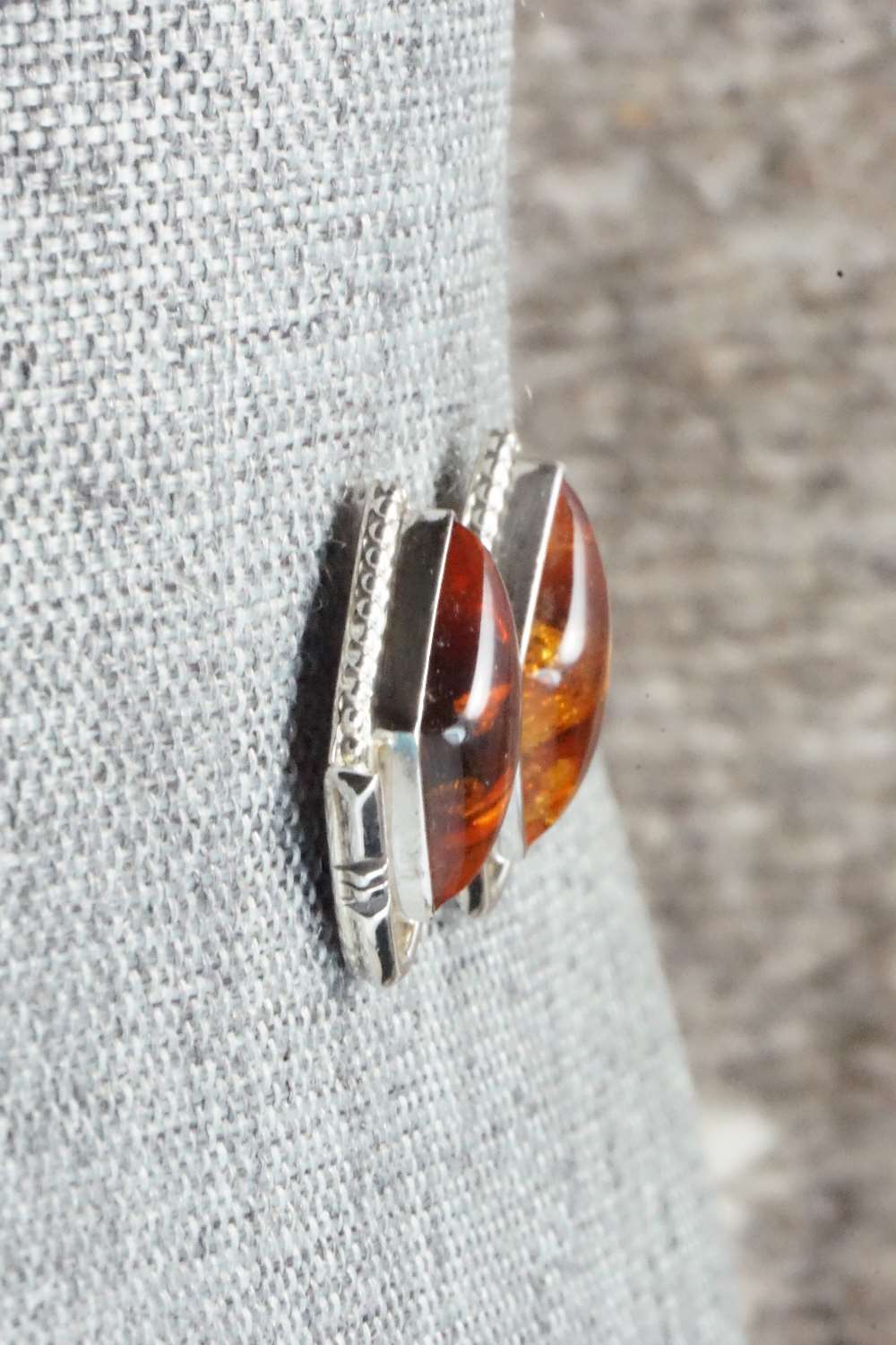 Amber & Sterling Silver Earrings - Navajo