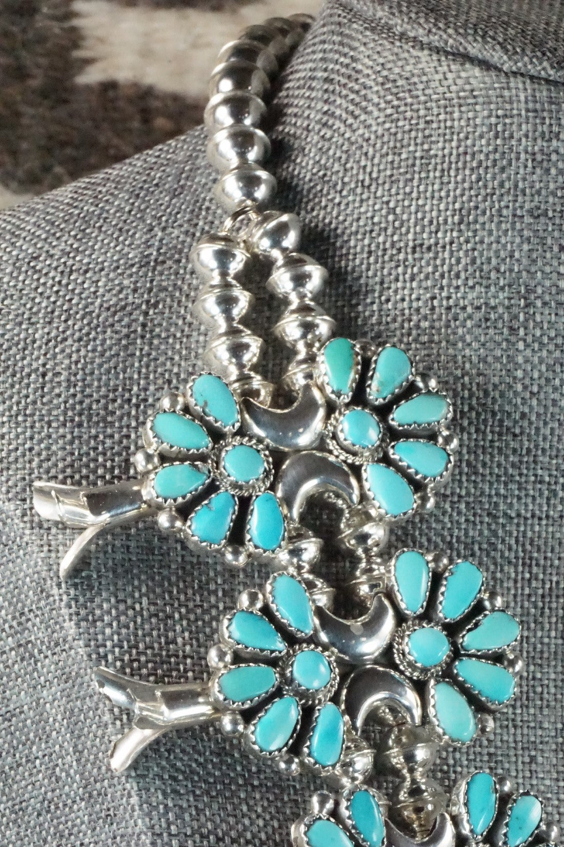 Turquoise & Sterling Silver Squash Blossom Necklace Set - Eunise Wilson