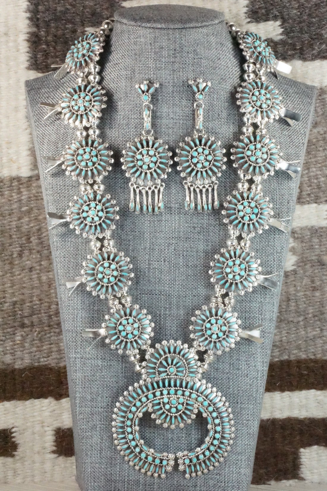 Turquoise & Sterling Silver Squash Blossom Necklace & Earrings - Merlinda Chavez