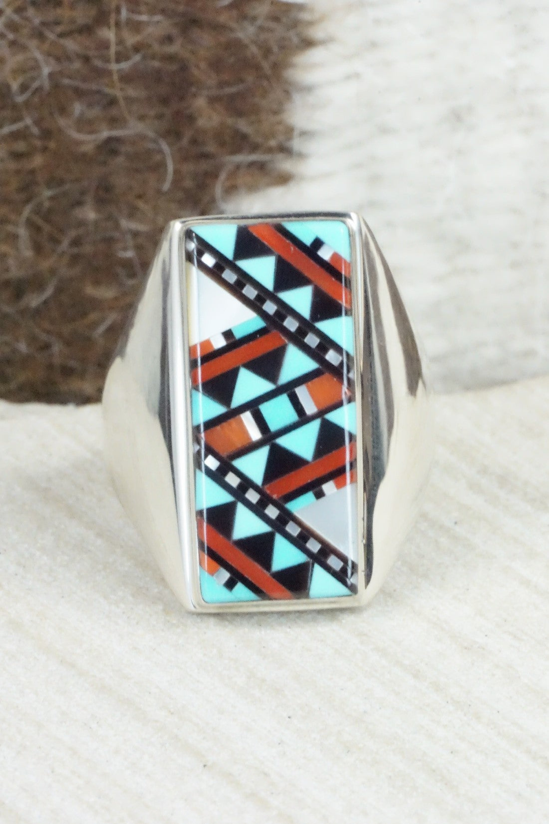 Multi Stone & Sterling Silver Ring - Herbert Kallestewa - Size 11.75