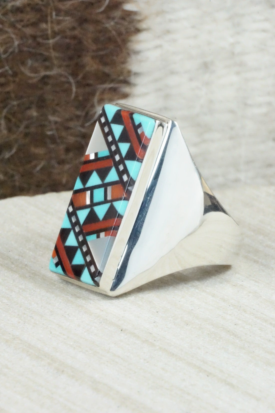 Multi Stone & Sterling Silver Ring - Herbert Kallestewa - Size 11.75