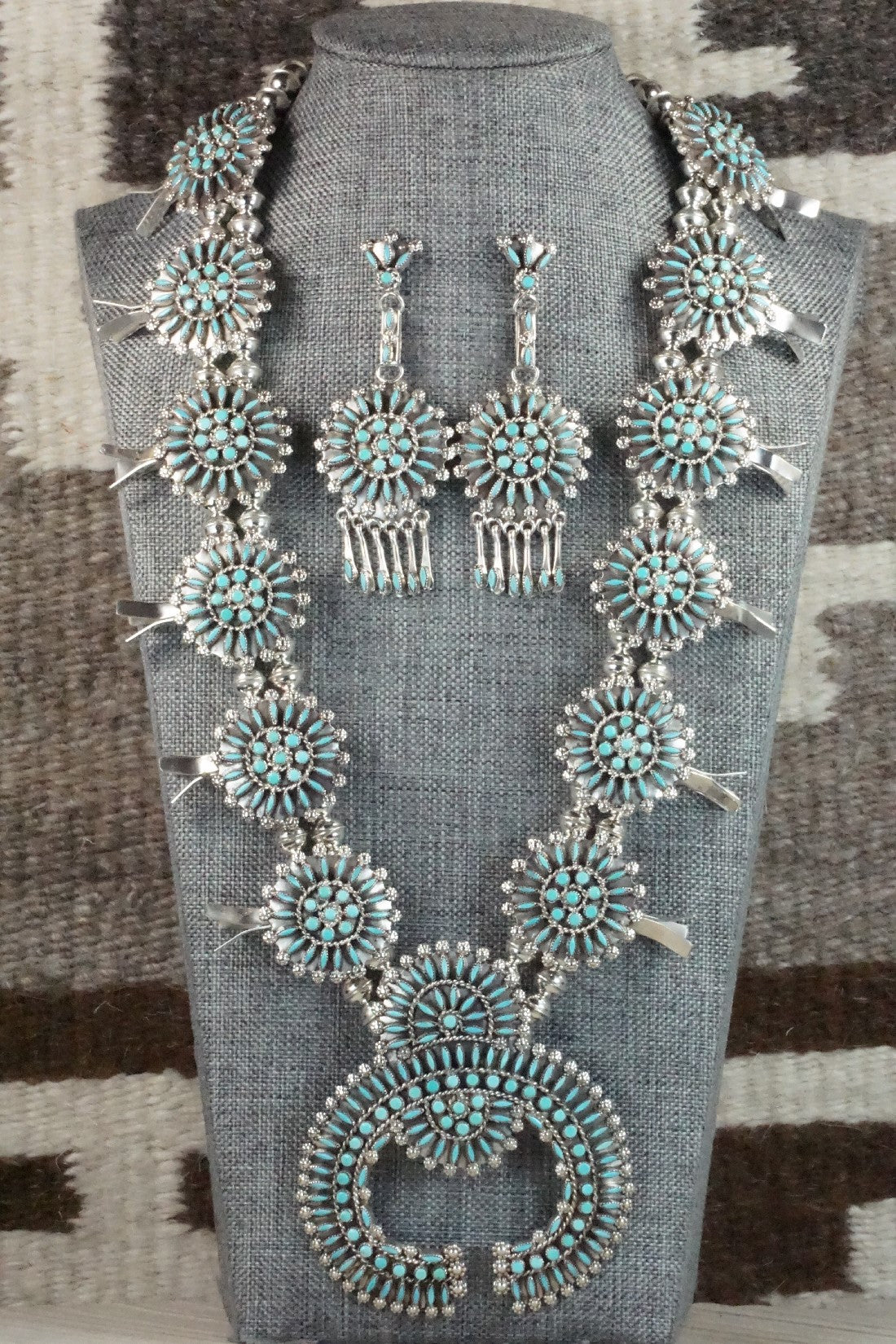 Turquoise & Sterling Silver Squash Blossom Necklace & Earrings - Merlinda Chavez