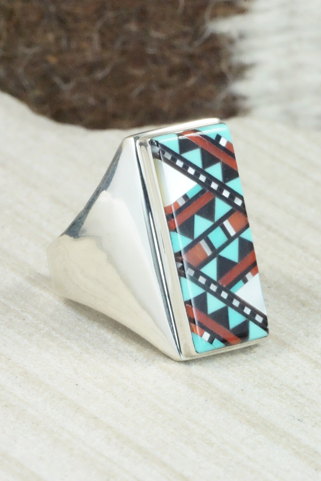 Multi Stone & Sterling Silver Ring - Herbert Kallestewa - Size 11.75