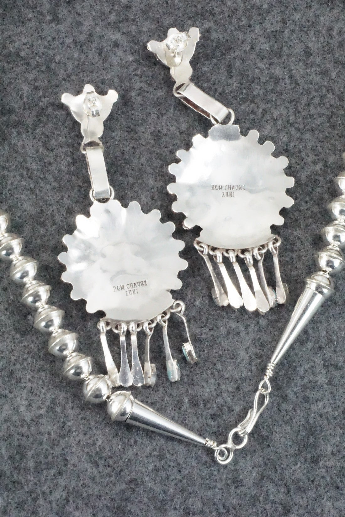 Turquoise & Sterling Silver Squash Blossom Necklace & Earrings - Merlinda Chavez