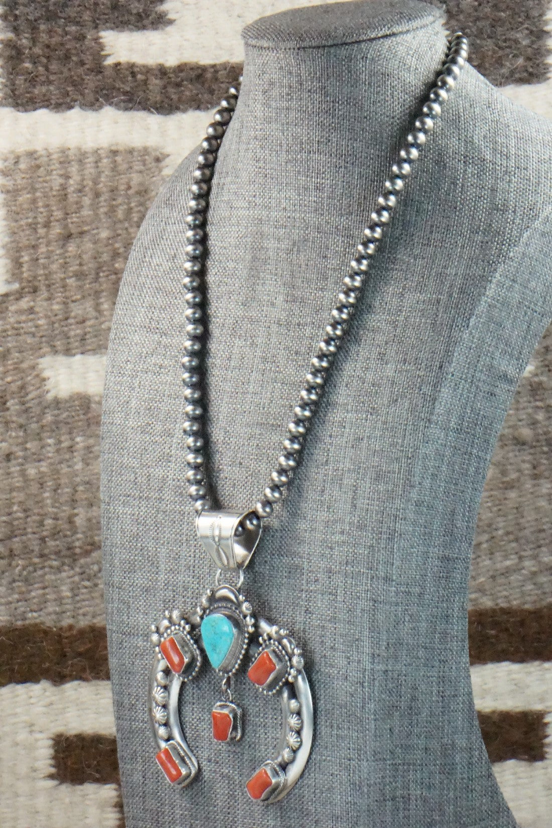 Turquoise, Coral Pendant & Sterling Silver Necklace - Tom Lewis