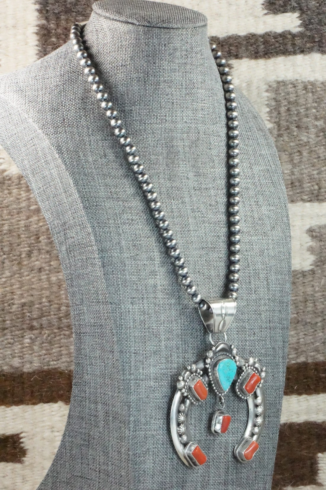 Turquoise, Coral Pendant & Sterling Silver Necklace - Tom Lewis