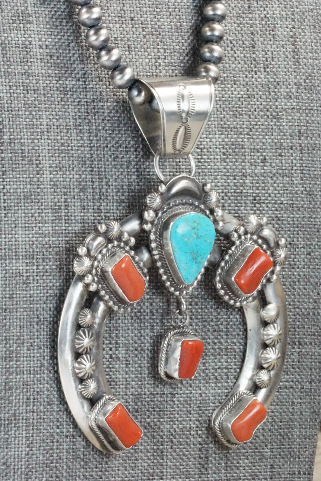 Turquoise, Coral Pendant & Sterling Silver Necklace - Tom Lewis