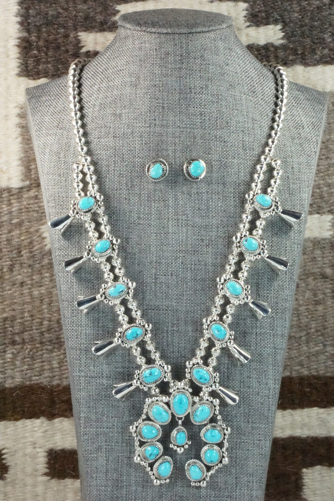 Turquoise & Sterling Silver Squash Blossom Necklace and Earrings - Vernon Johnson
