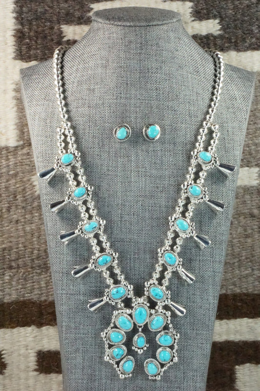 Turquoise & Sterling Silver Squash Blossom Necklace and Earrings - Vernon Johnson