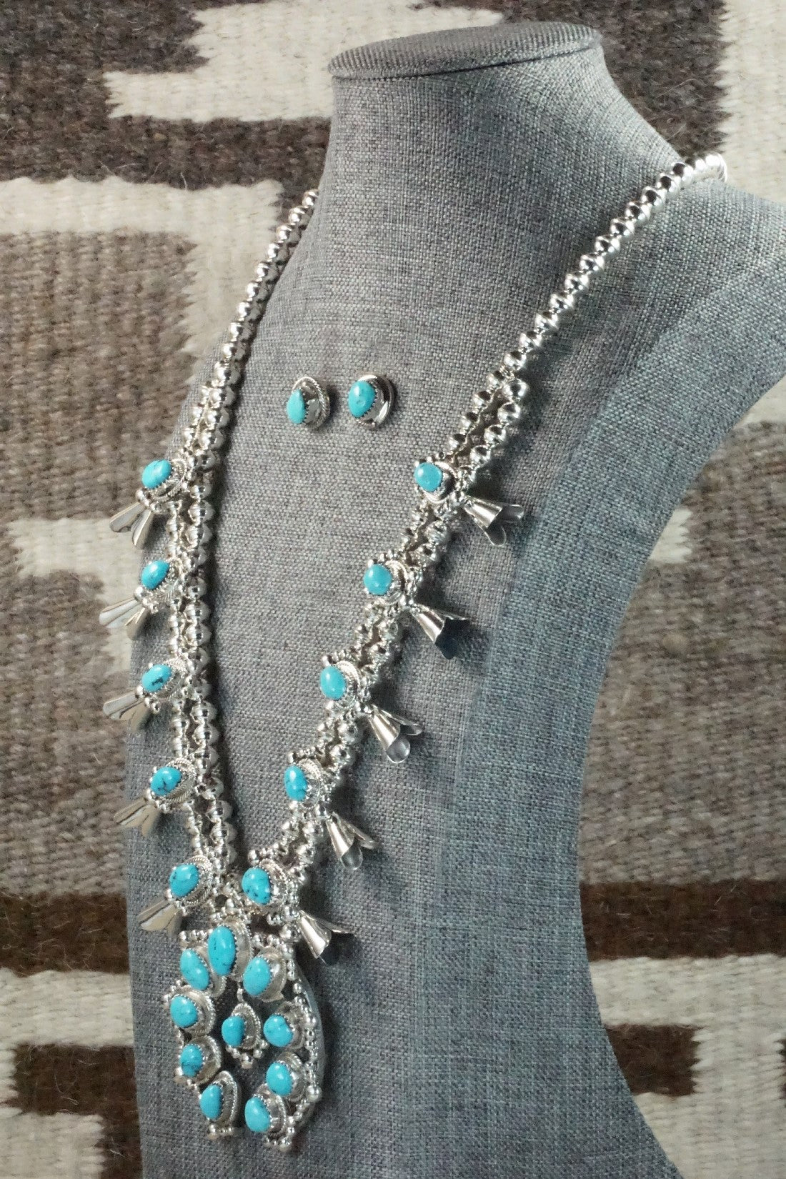 Turquoise & Sterling Silver Squash Blossom Necklace and Earrings - Vernon Johnson