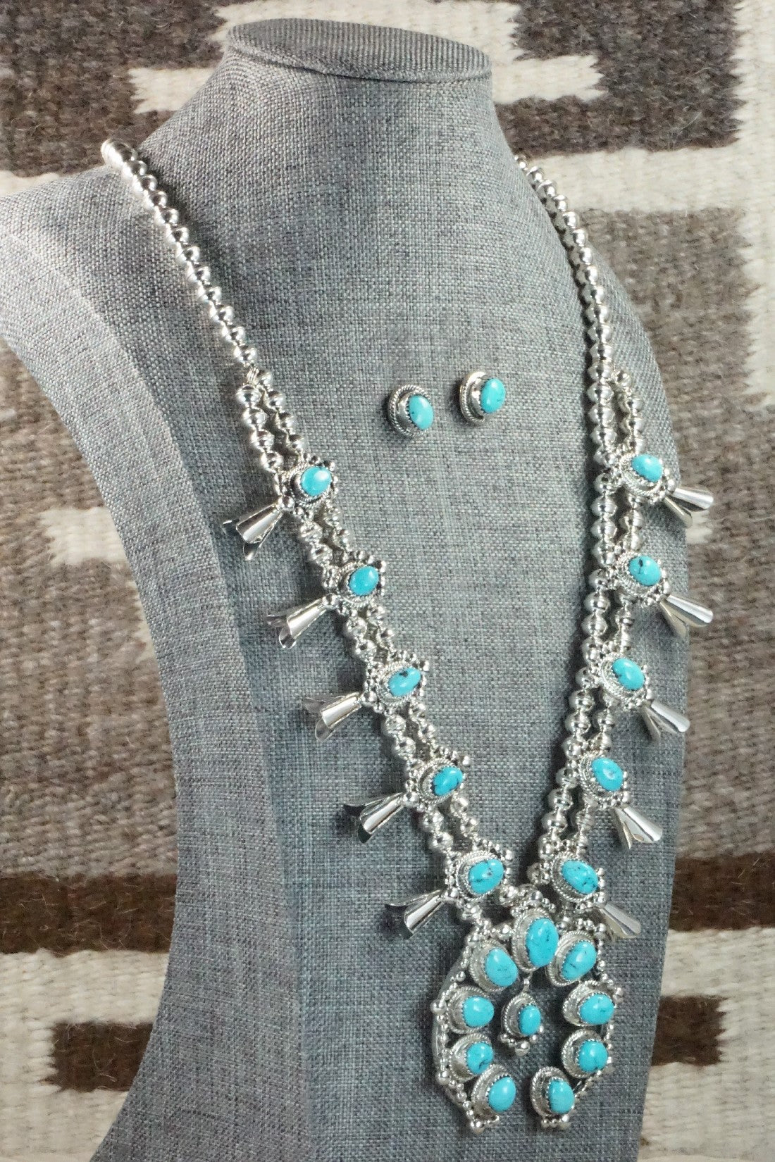 Turquoise & Sterling Silver Squash Blossom Necklace and Earrings - Vernon Johnson