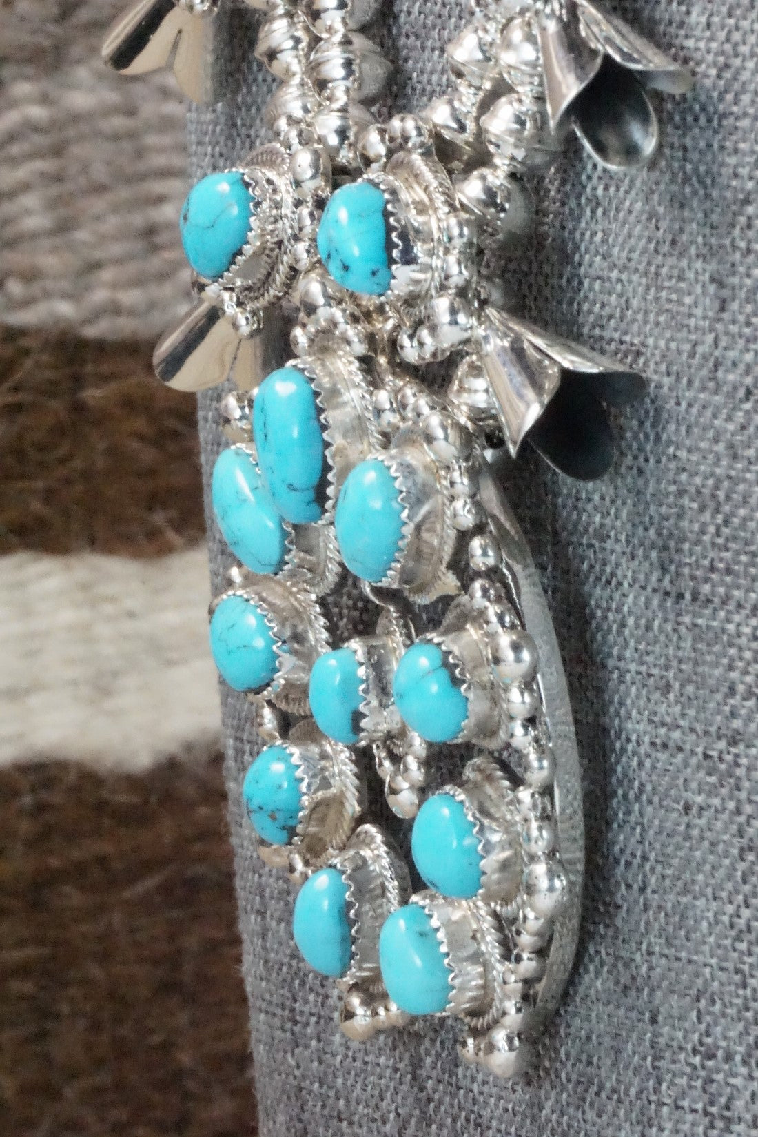 Turquoise & Sterling Silver Squash Blossom Necklace and Earrings - Vernon Johnson