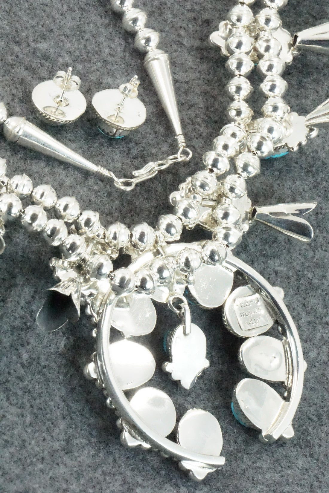 Turquoise & Sterling Silver Squash Blossom Necklace and Earrings - Vernon Johnson