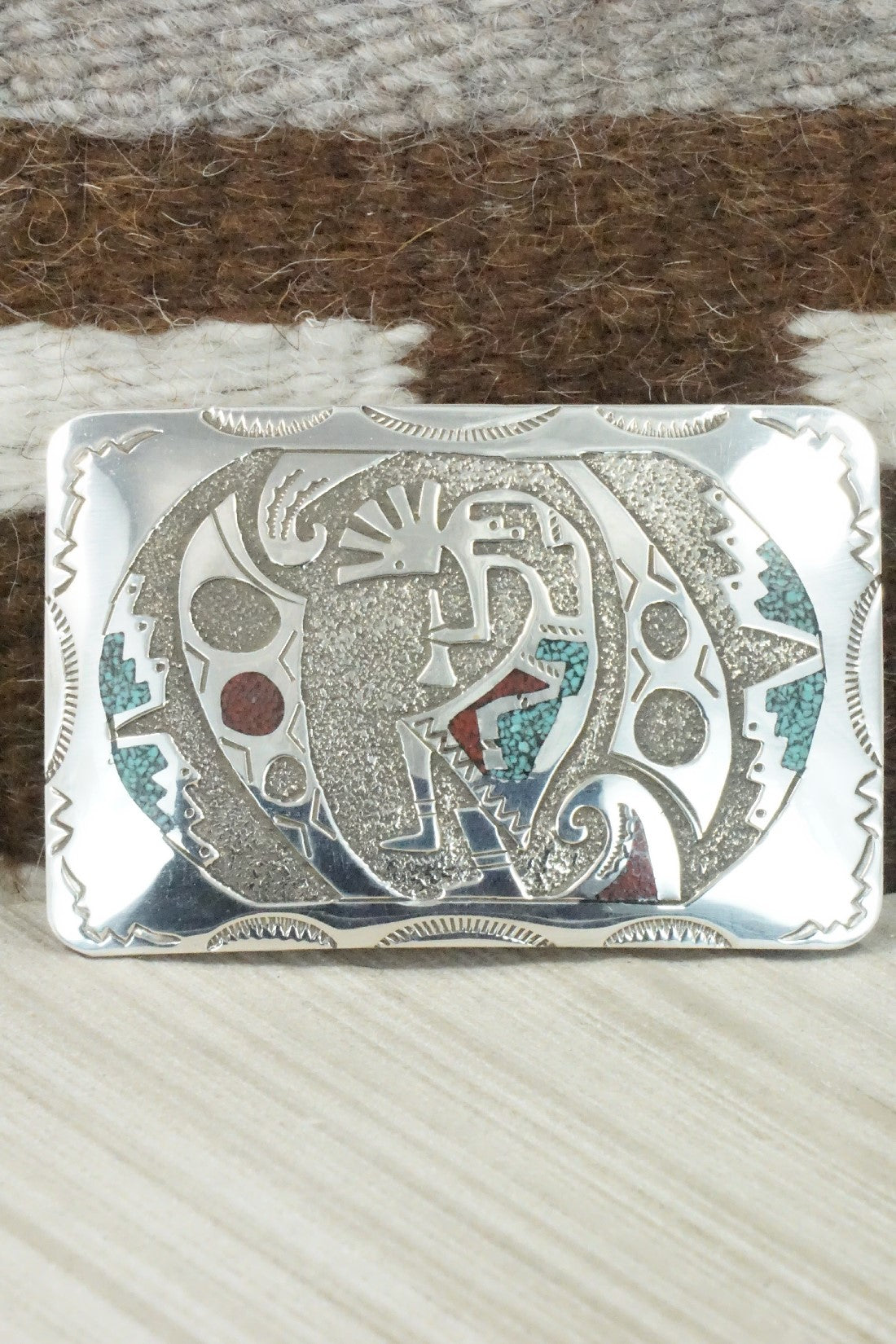Turquoise, Coral Chip Inlay & Sterling Silver Belt Buckle - Raymond Begay