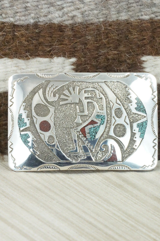 Turquoise, Coral Chip Inlay & Sterling Silver Belt Buckle - Raymond Begay
