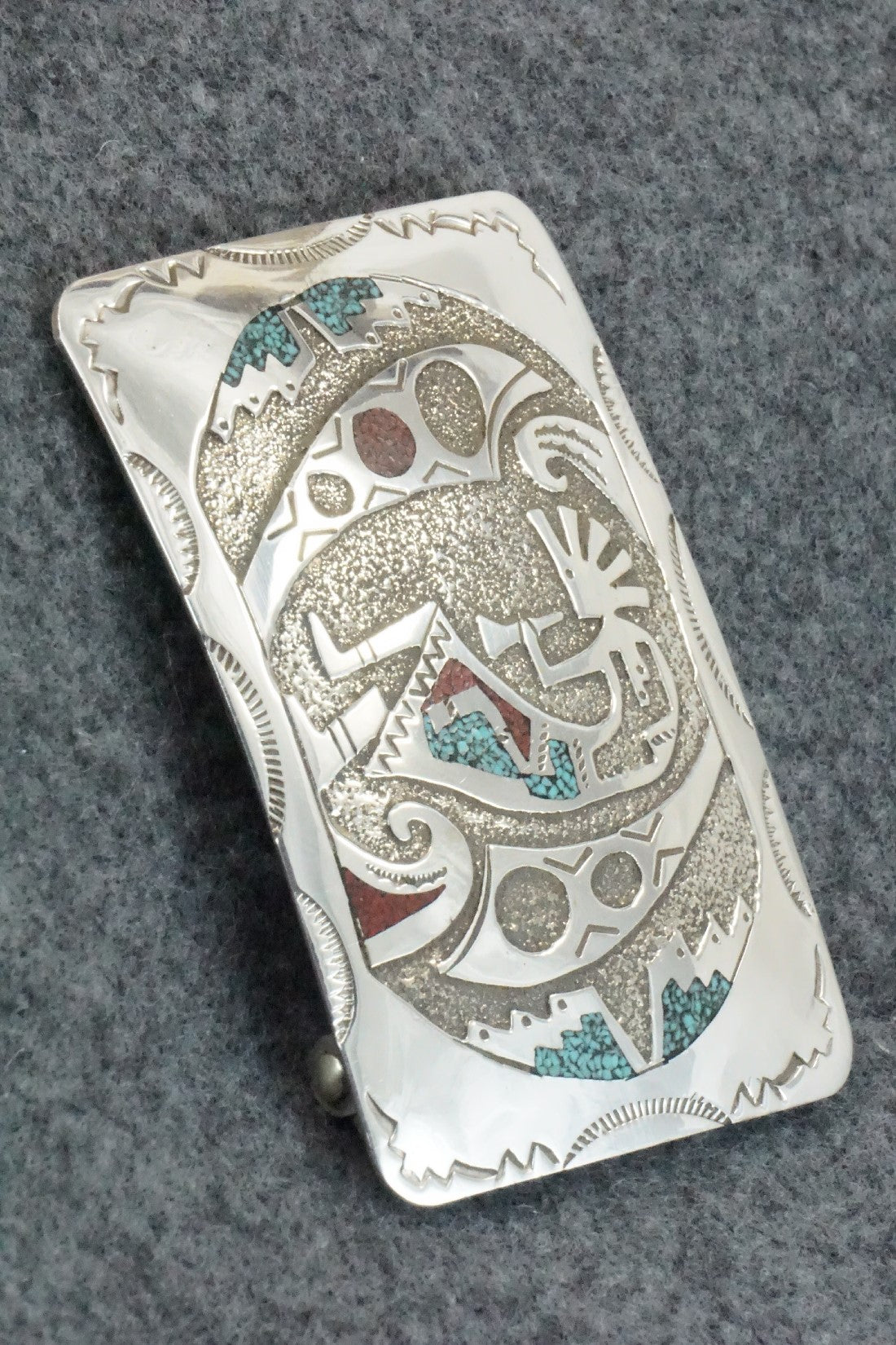 Turquoise, Coral Chip Inlay & Sterling Silver Belt Buckle - Raymond Begay