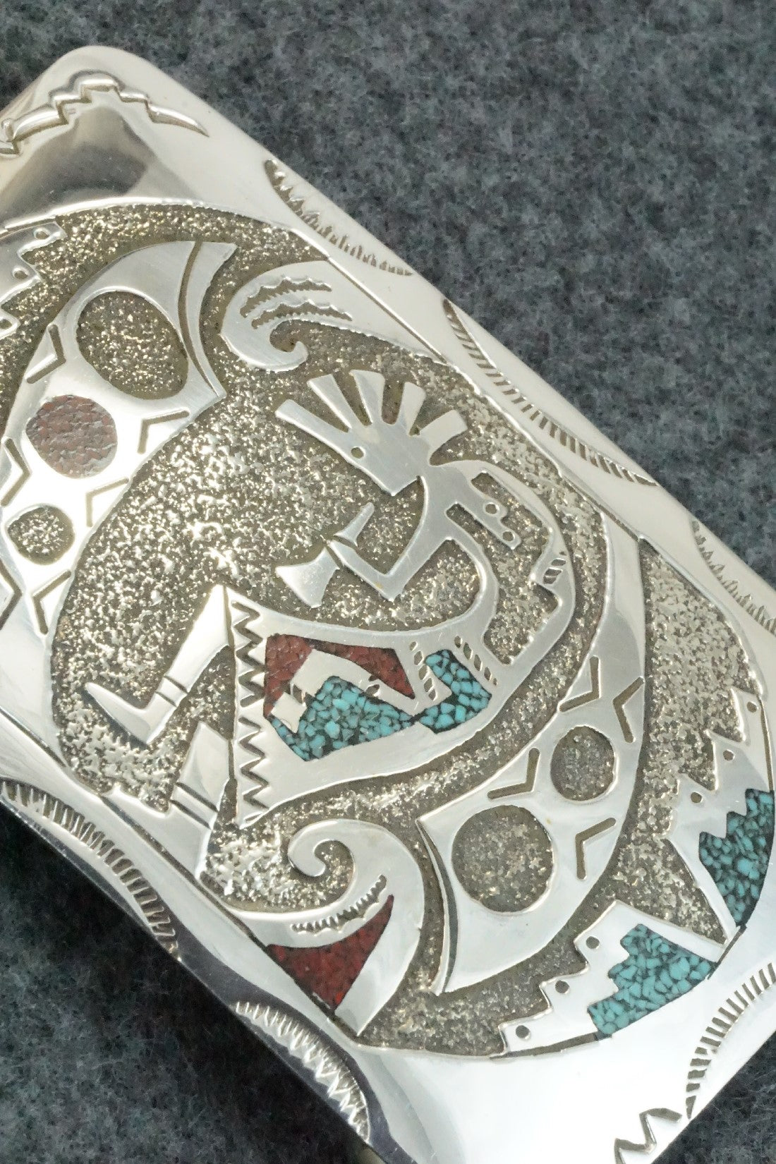 Turquoise, Coral Chip Inlay & Sterling Silver Belt Buckle - Raymond Begay