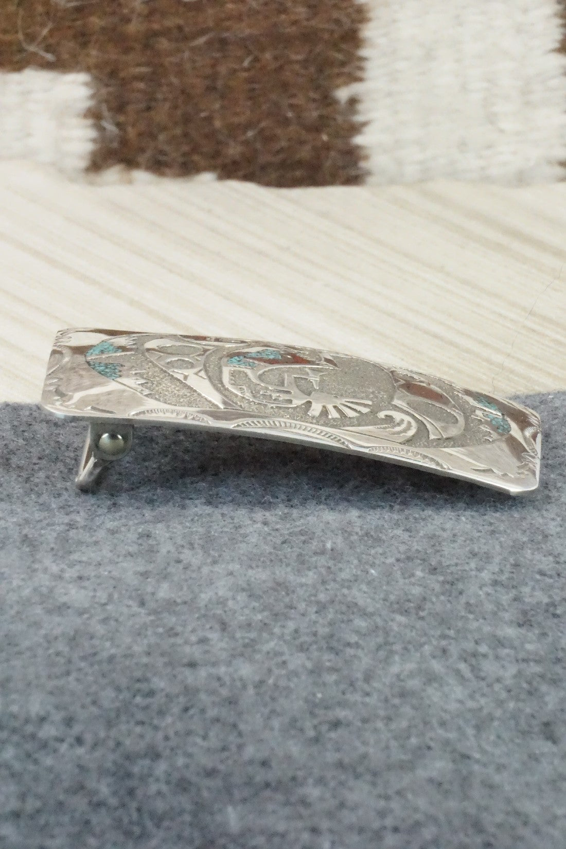 Turquoise, Coral Chip Inlay & Sterling Silver Belt Buckle - Raymond Begay