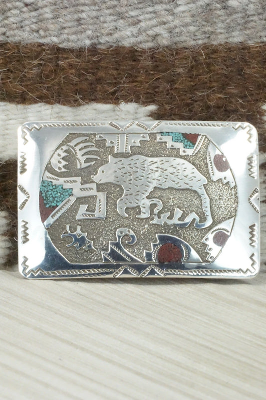 Turquoise, Coral Chip Inlay & Sterling Silver Belt Buckle - Raymond Begay