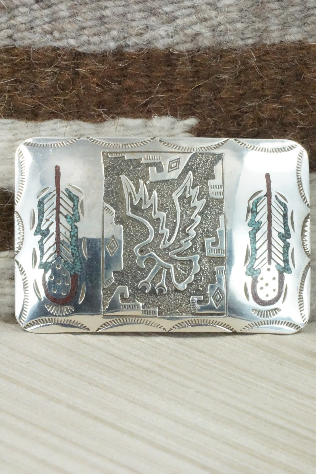 Turquoise, Coral Chip Inlay & Sterling Silver Belt Buckle - Raymond Begay