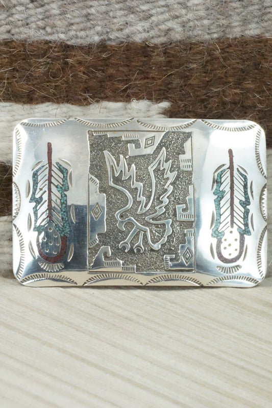 Turquoise, Coral Chip Inlay & Sterling Silver Belt Buckle - Raymond Begay