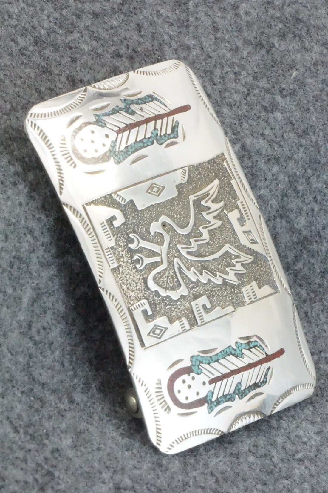Turquoise, Coral Chip Inlay & Sterling Silver Belt Buckle - Raymond Begay