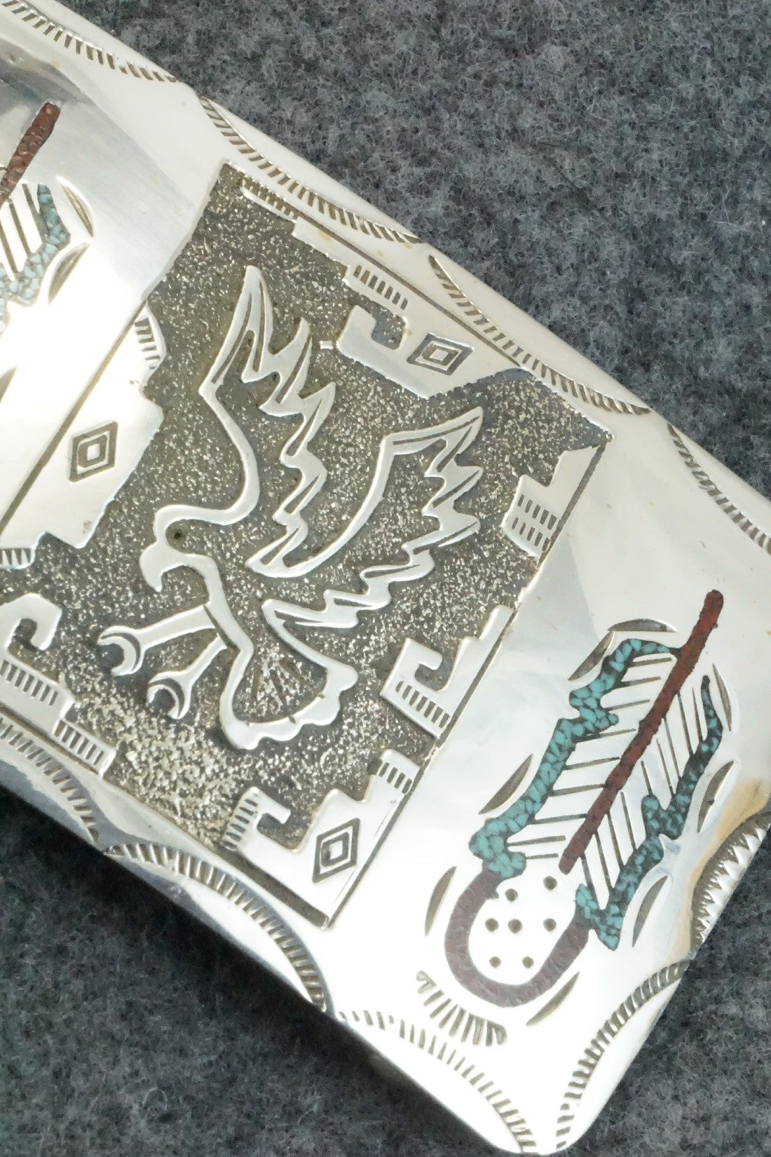 Turquoise, Coral Chip Inlay & Sterling Silver Belt Buckle - Raymond Begay