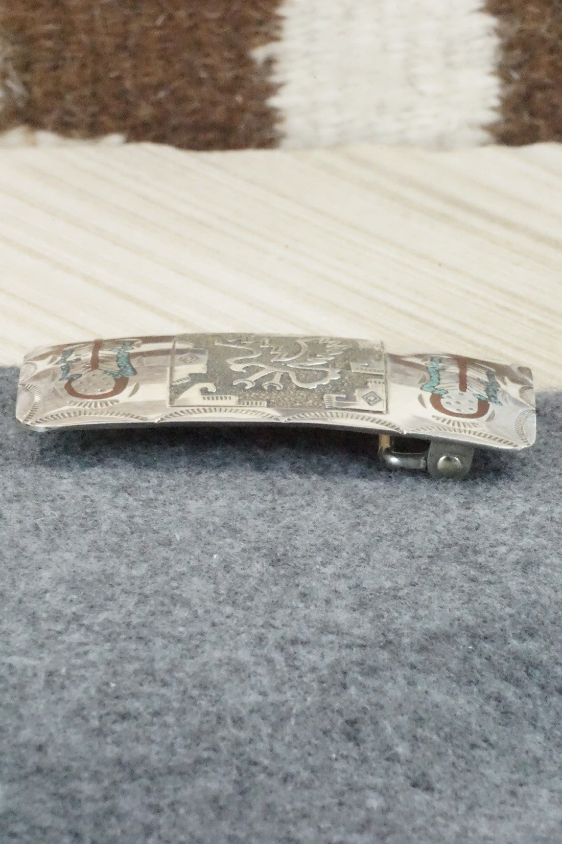 Turquoise, Coral Chip Inlay & Sterling Silver Belt Buckle - Raymond Begay