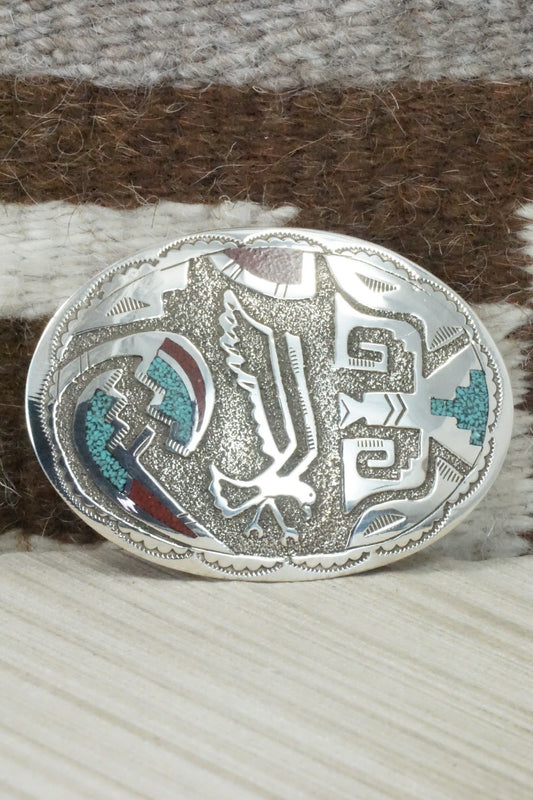 Turquoise, Coral Chip Inlay & Sterling Silver Belt Buckle - Raymond Begay