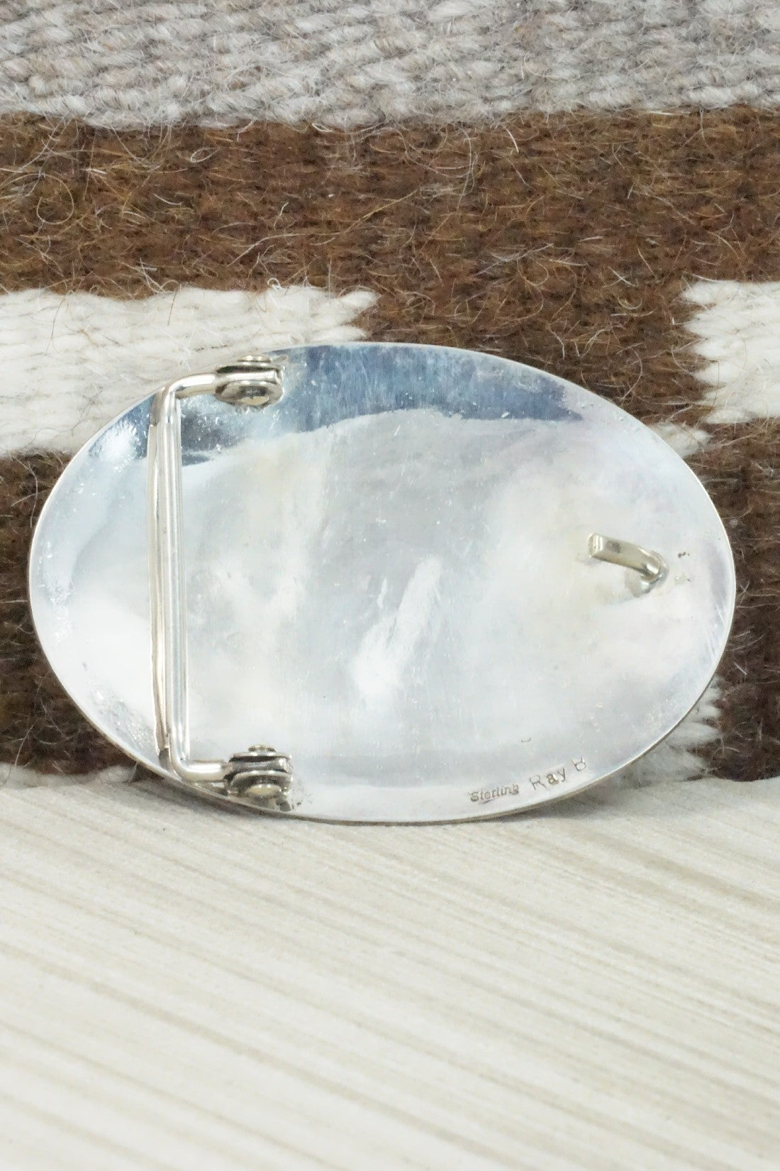 Turquoise, Coral Chip Inlay & Sterling Silver Belt Buckle - Raymond Begay