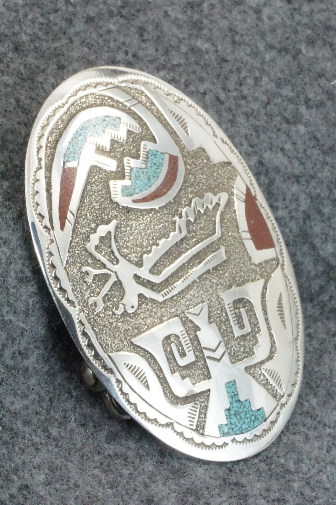 Turquoise, Coral Chip Inlay & Sterling Silver Belt Buckle - Raymond Begay