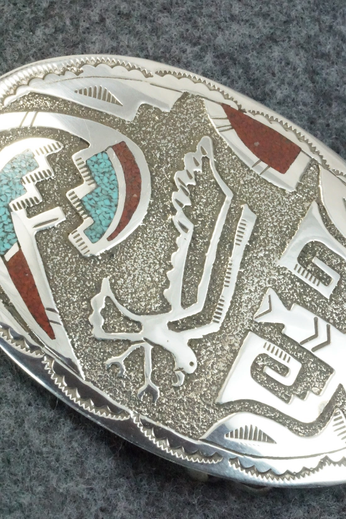 Turquoise, Coral Chip Inlay & Sterling Silver Belt Buckle - Raymond Begay