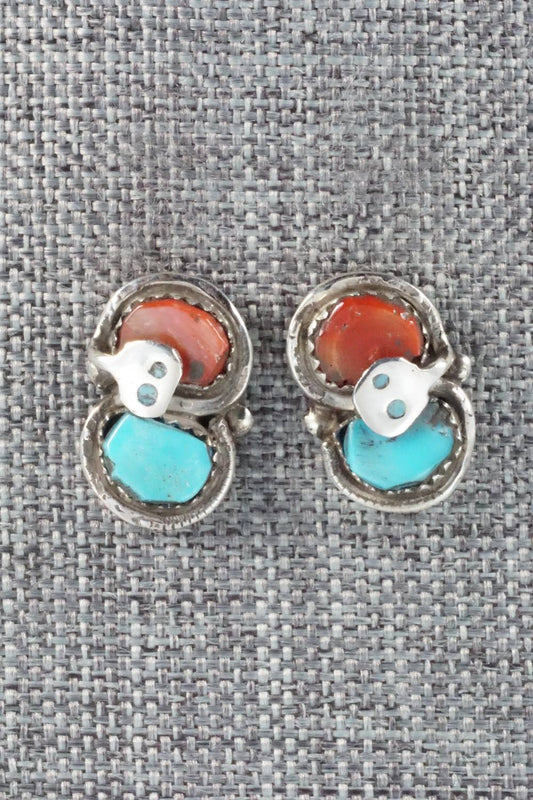 Turquoise, Coral & Sterling Silver Earrings - Gayle Calavaza
