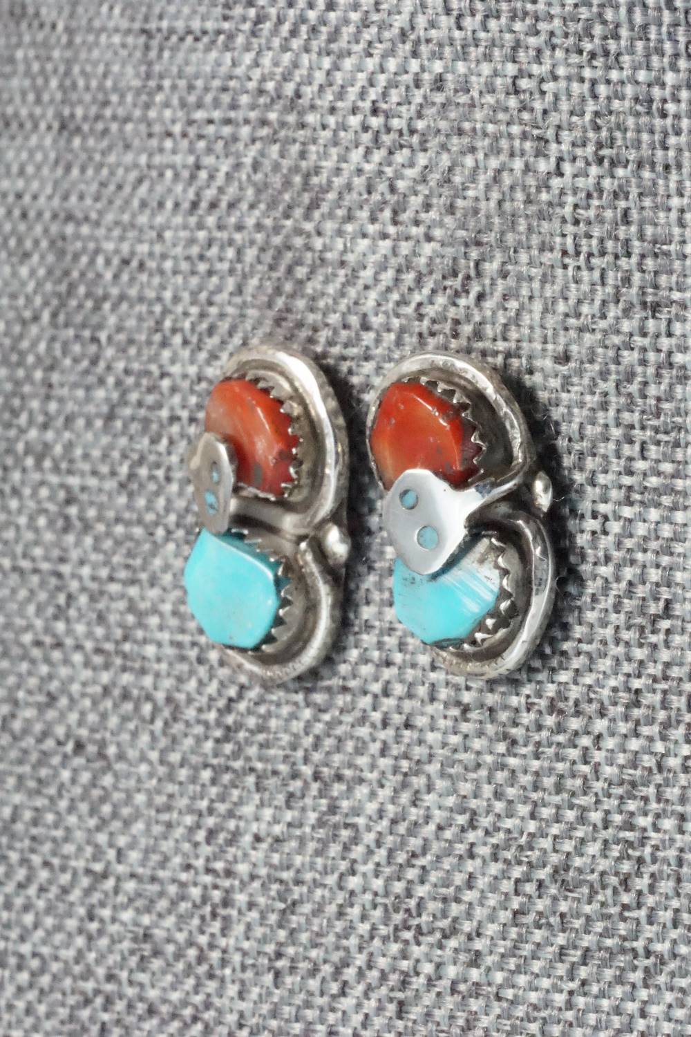 Turquoise, Coral & Sterling Silver Earrings - Gayle Calavaza