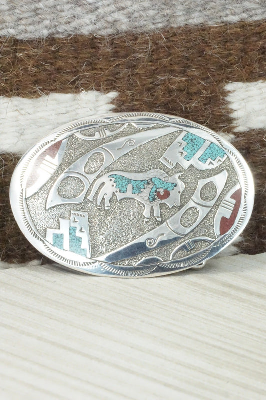 Turquoise, Coral Chip Inlay & Sterling Silver Belt Buckle - Raymond Begay