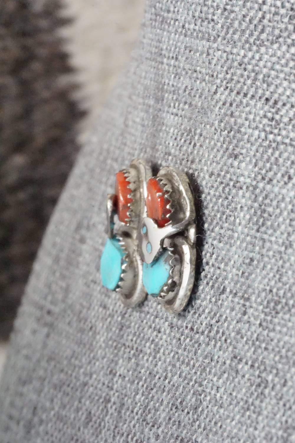 Turquoise, Coral & Sterling Silver Earrings - Gayle Calavaza