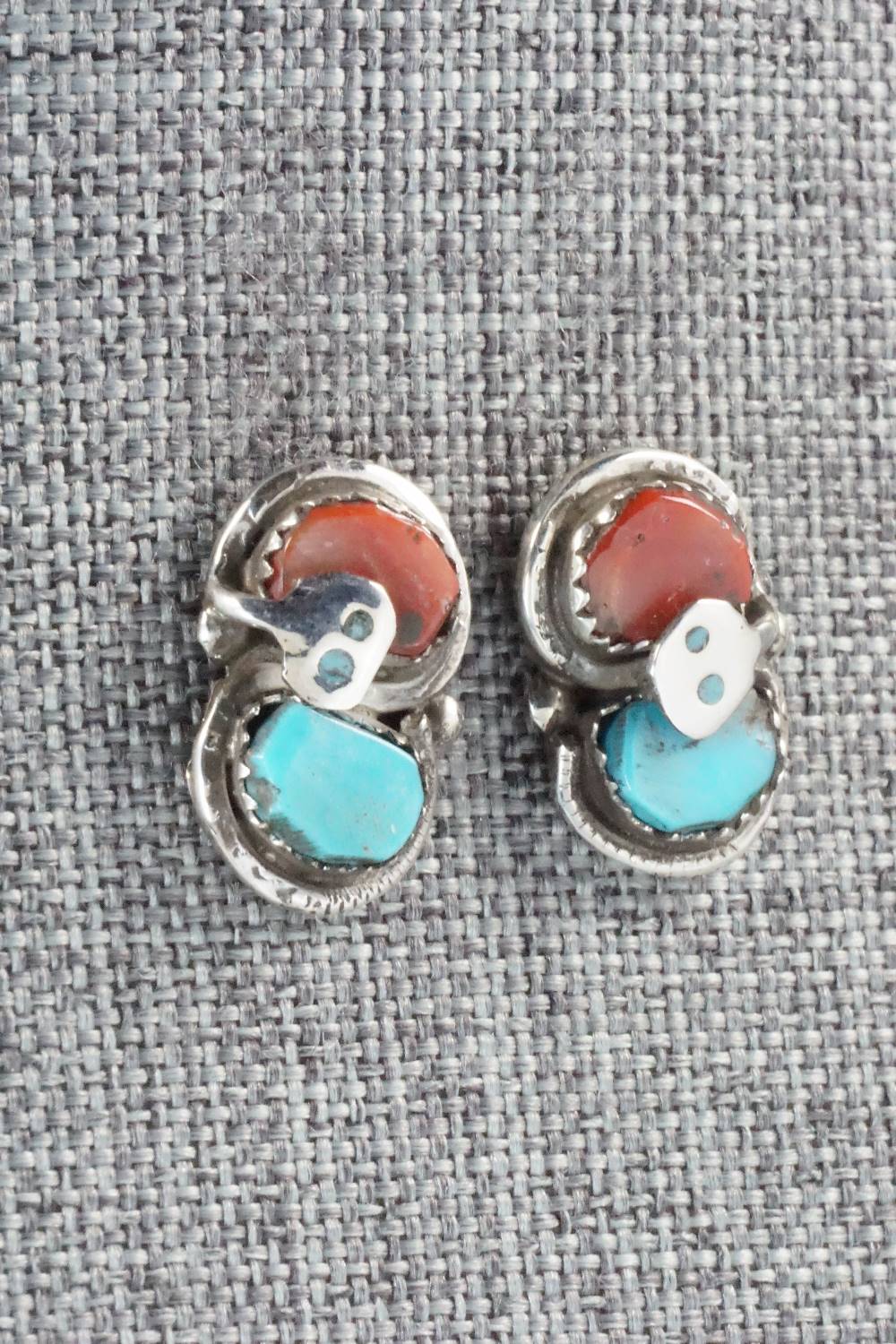 Turquoise, Coral & Sterling Silver Earrings - Gayle Calavaza
